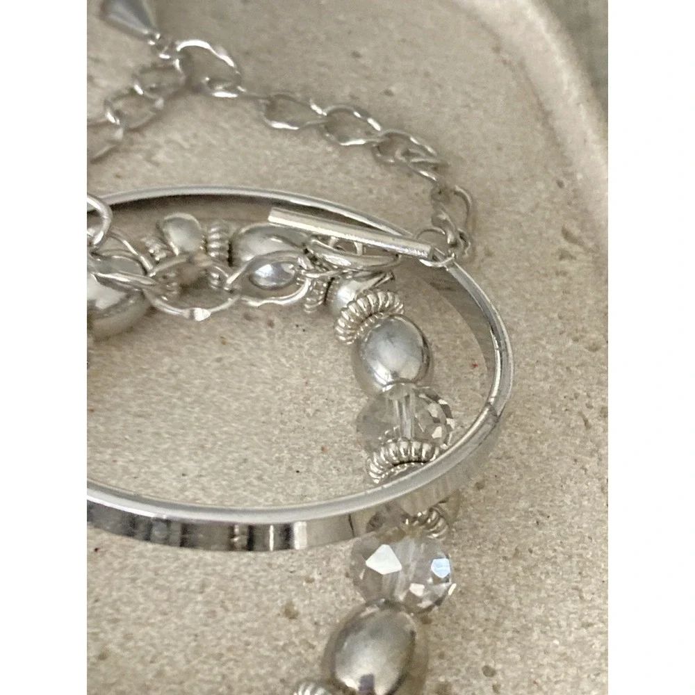 Glossy‎ Silver Tone Bangle Bracelet Set Of 3 Rhinestone Beaded Chain Link Chunky